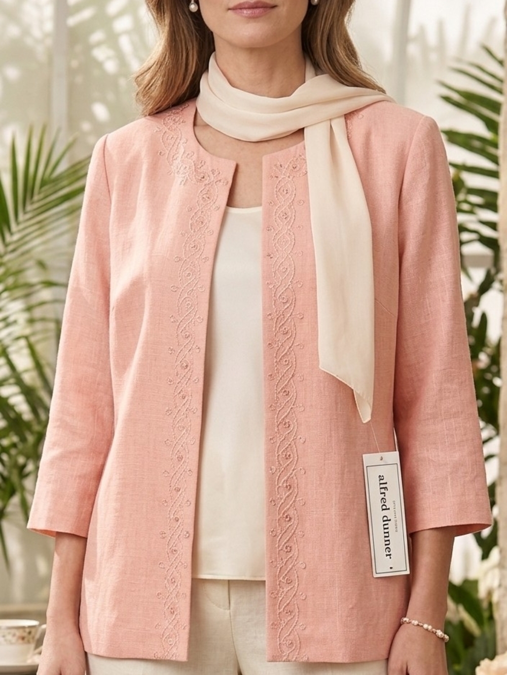 Alfred Dunner Peach Embroidered Open-Front Blazerwith Pockets
